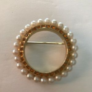 Vintage Hobe Faux Pearl Tourmaline Circle Brooch Pin Signed